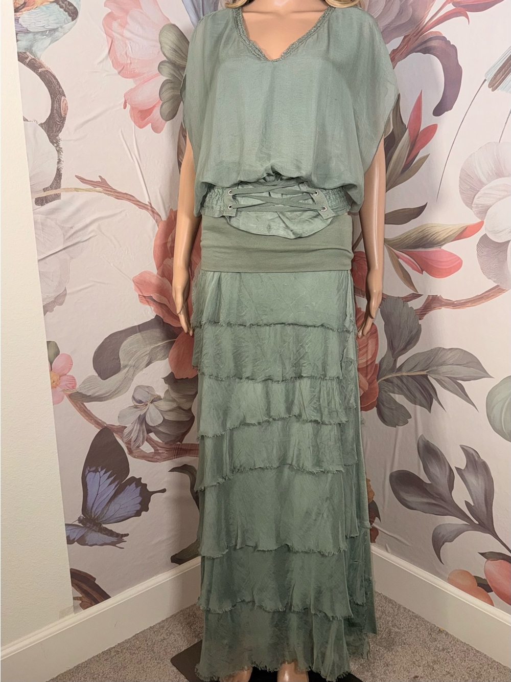Made in Italy Silk Light Sage Tiered Maxi Skirt & Blouse Women's - Small/Medium - Picture 2 of 7